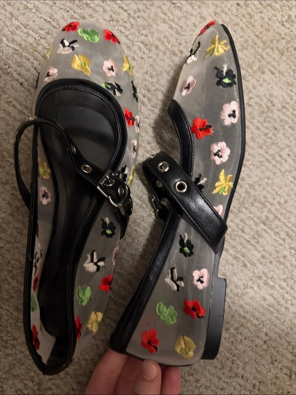 Women's Floral Embroidered Mary Jane Flats - Gray with Multicolor Flowers 7.5